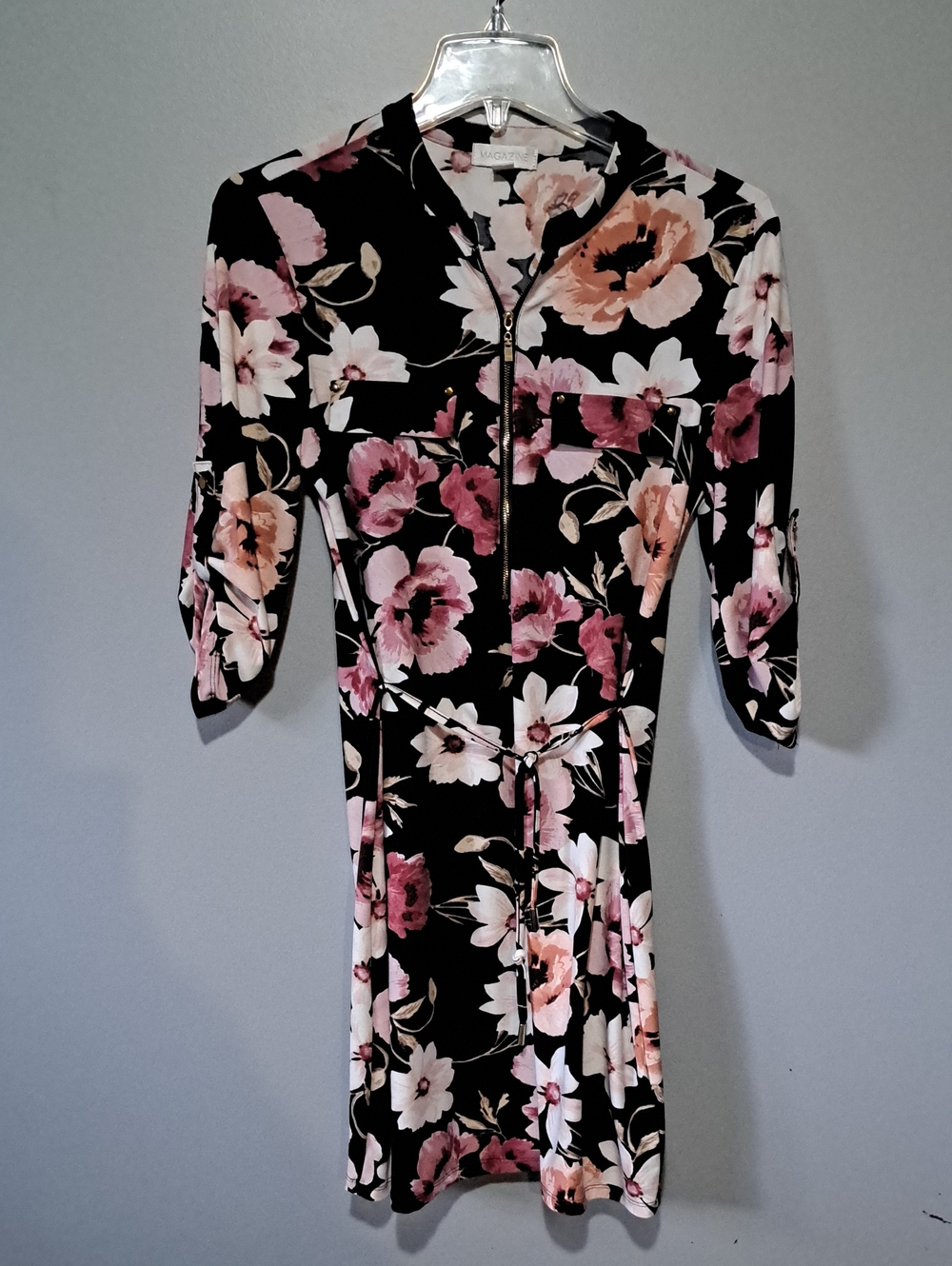 Fashion Magazine Black Floral Zip-Front Midi Dress with Pink & Cream Blooms